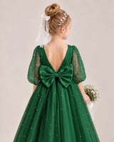 Dark Green Satin Tulle Flower Girl Dress Back Detail