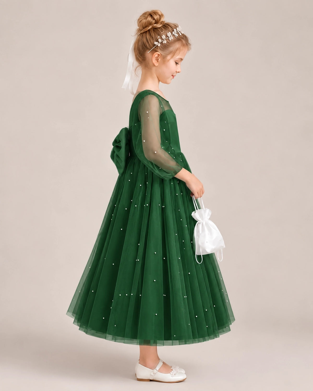 Dark Green Satin Tulle Flower Girl Dress Side View