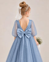 Dusty Blue Satin Tulle Flower Girl Dress Back Detail