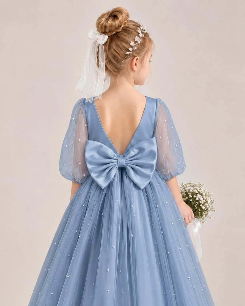 Dusty Blue Satin Tulle Flower Girl Dress Back Detail