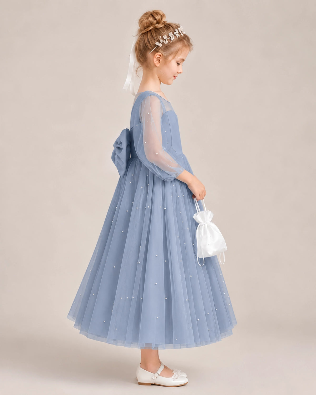 Dusty Blue Satin Tulle Flower Girl Dress Side View