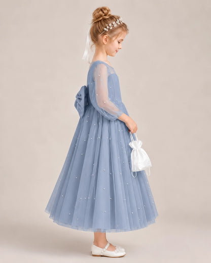 Dusty Blue Satin Tulle Flower Girl Dress Side View