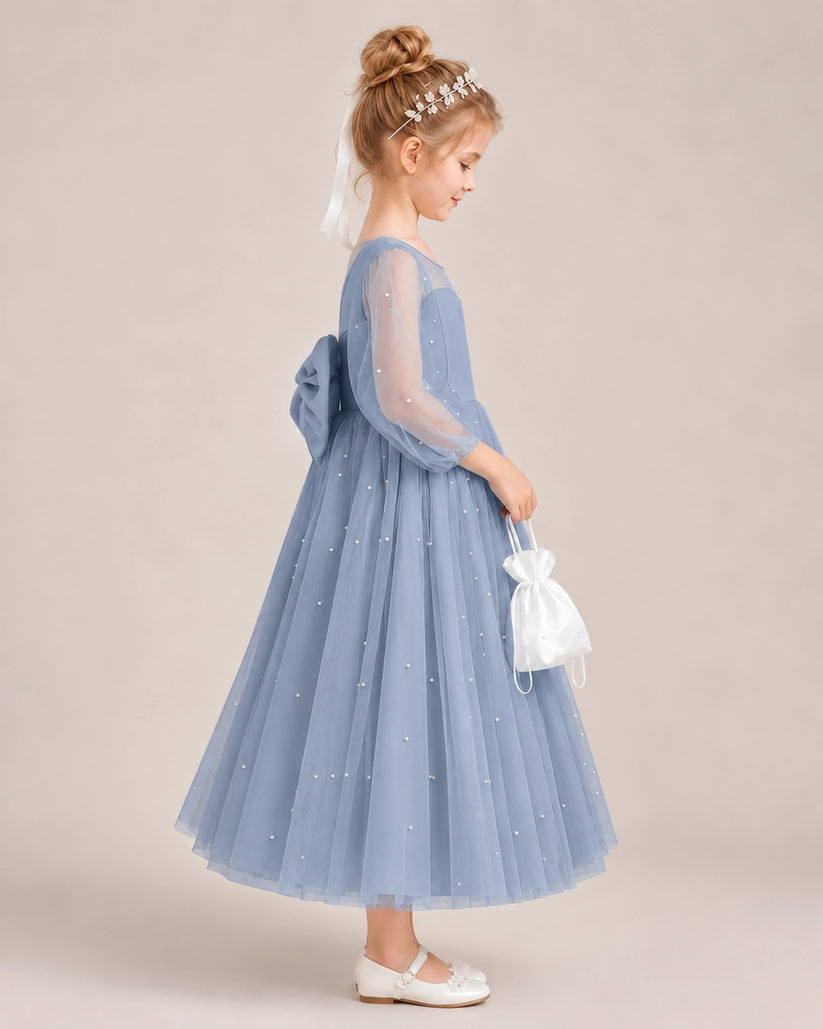 Dusty Blue Satin Tulle Flower Girl Dress Side View