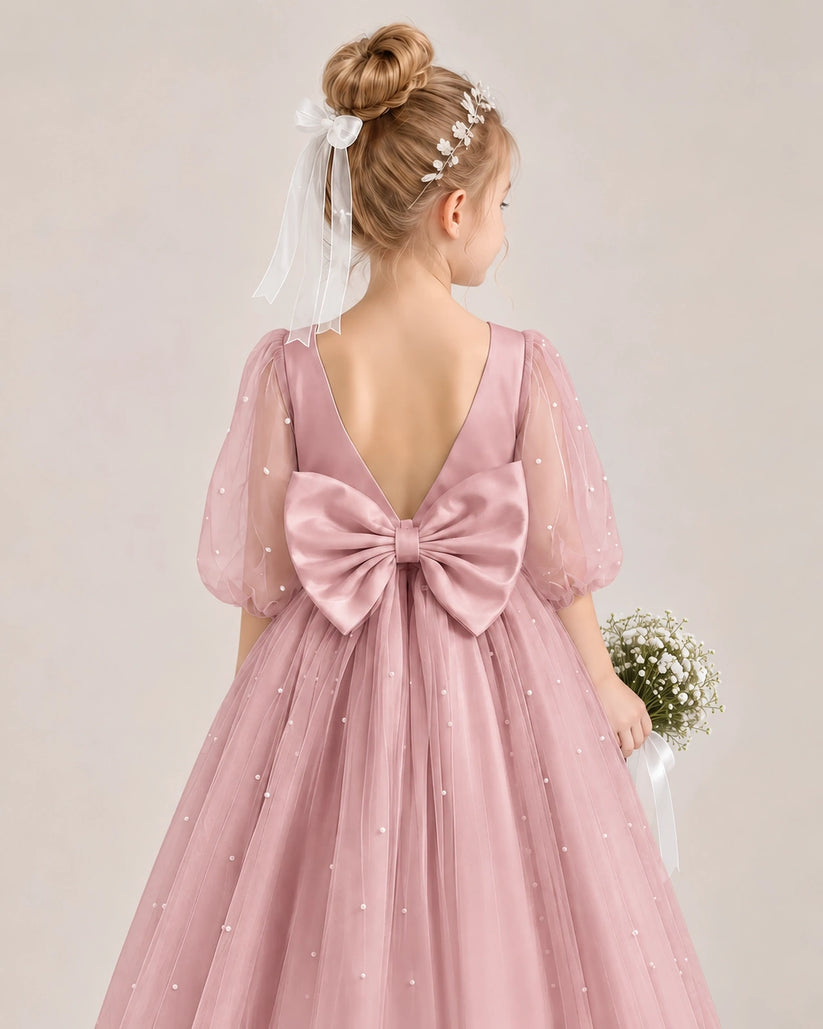 Dusty Rose Satin Tulle Flower Girl Dress Back Detail