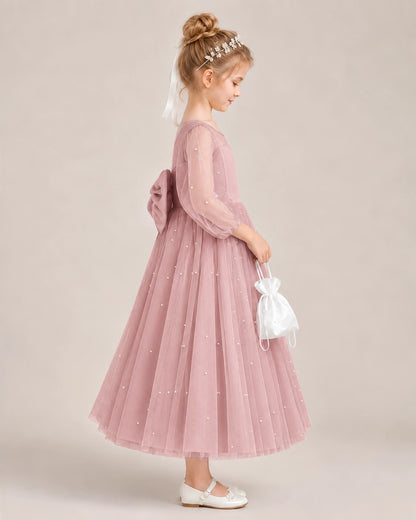 Dusty Rose Satin Tulle Flower Girl Dress Side View
