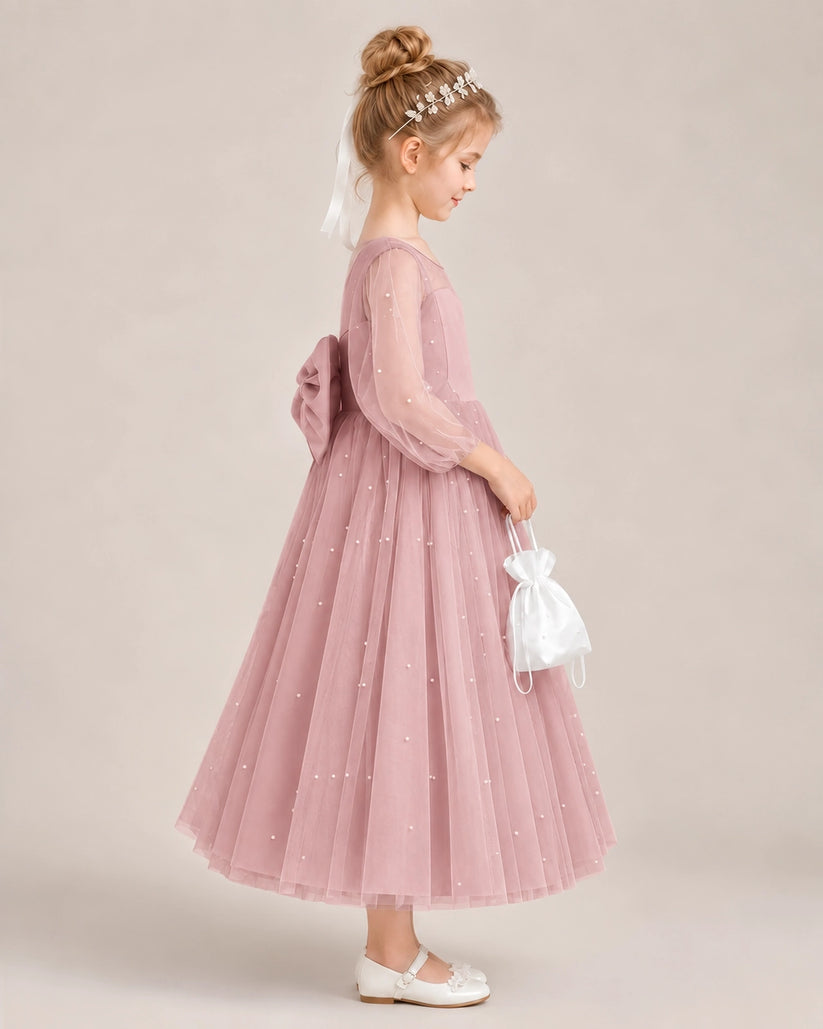 Dusty Rose Satin Tulle Flower Girl Dress Side View