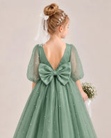 Eucalyptus Satin Tulle Flower Girl Dress Back Detail