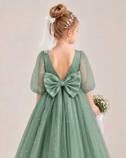 Eucalyptus Satin Tulle Flower Girl Dress Back Detail