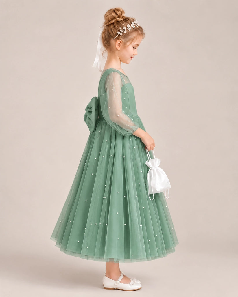 Eucalyptus Satin Tulle Flower Girl Dress Side View