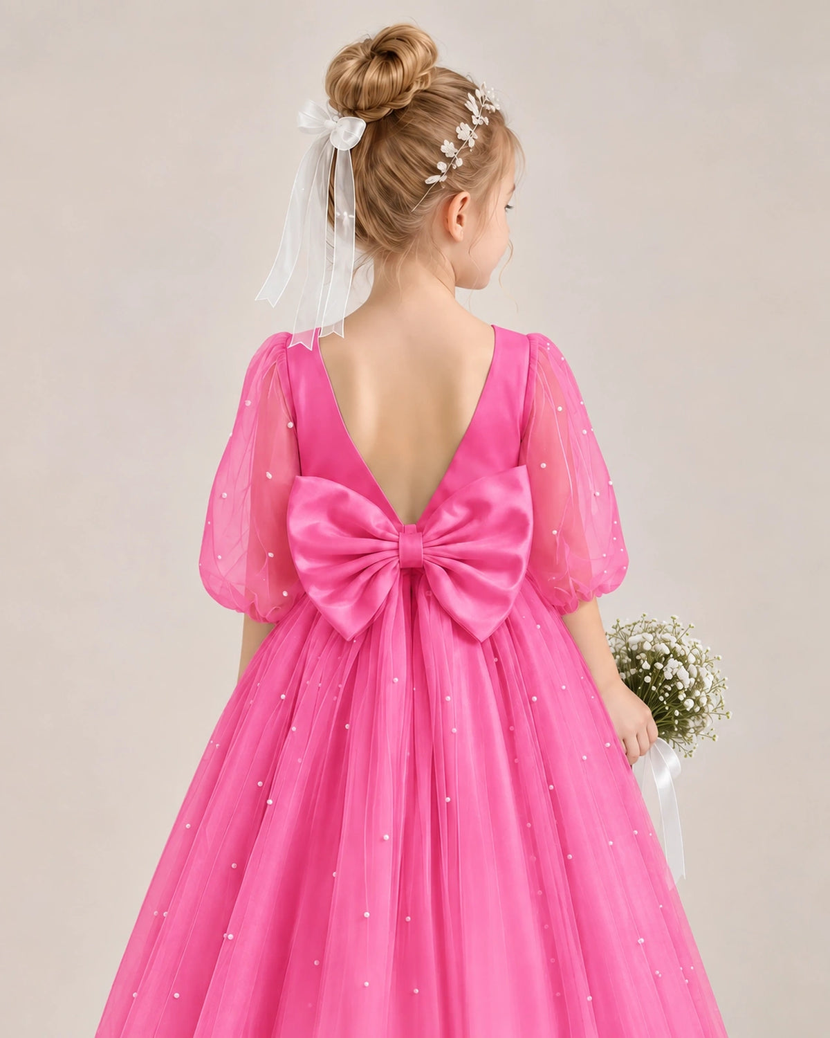 Hot Pink Satin Tulle Flower Girl Dress Back Detail