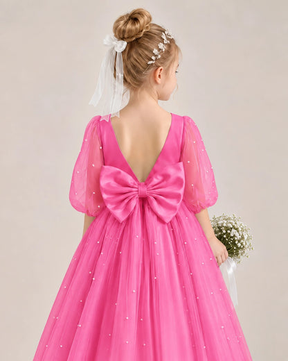 Hot Pink Satin Tulle Flower Girl Dress Back Detail