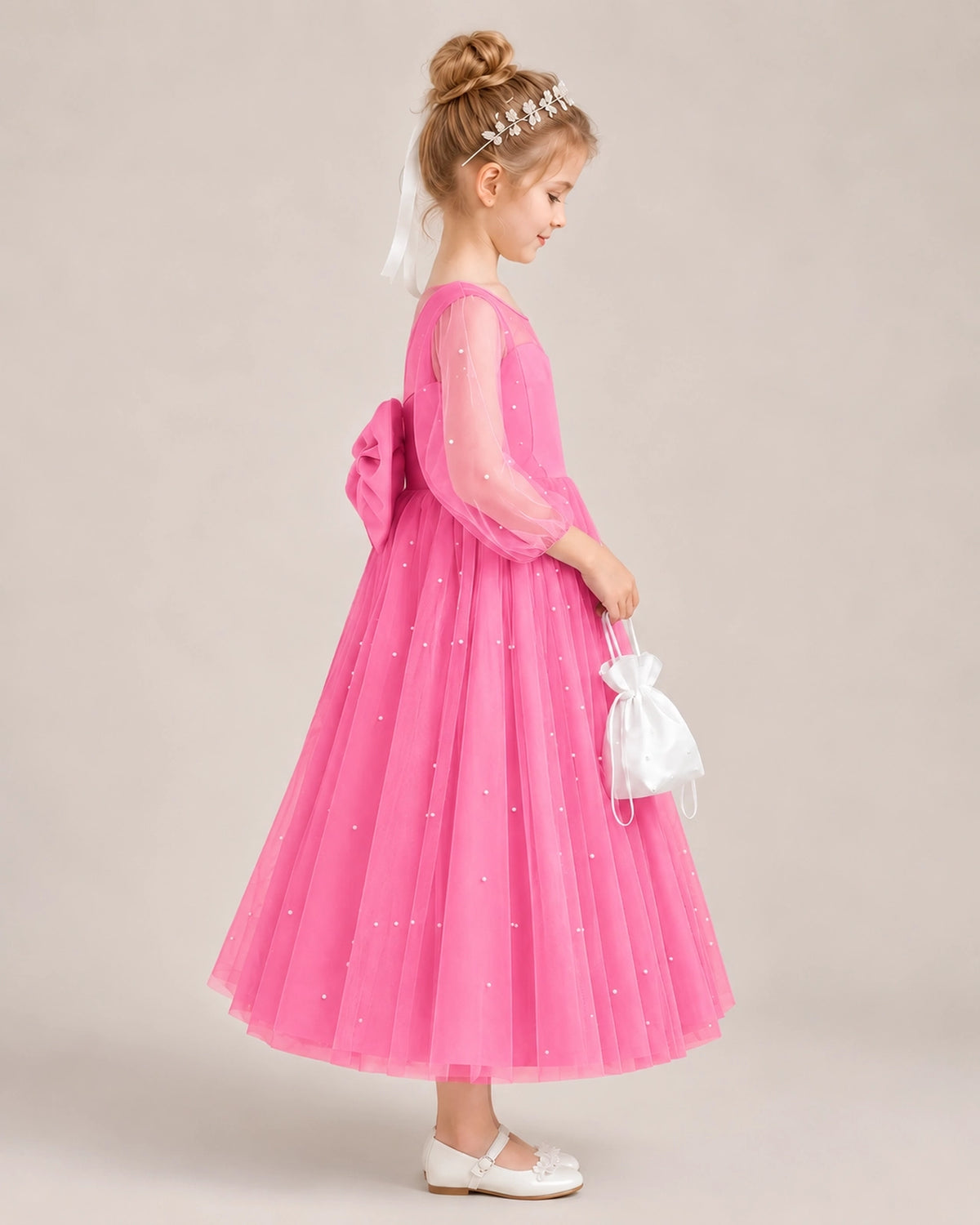 Hot Pink Satin Tulle Flower Girl Dress Side View