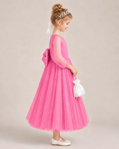 Hot Pink Satin Tulle Flower Girl Dress Side View
