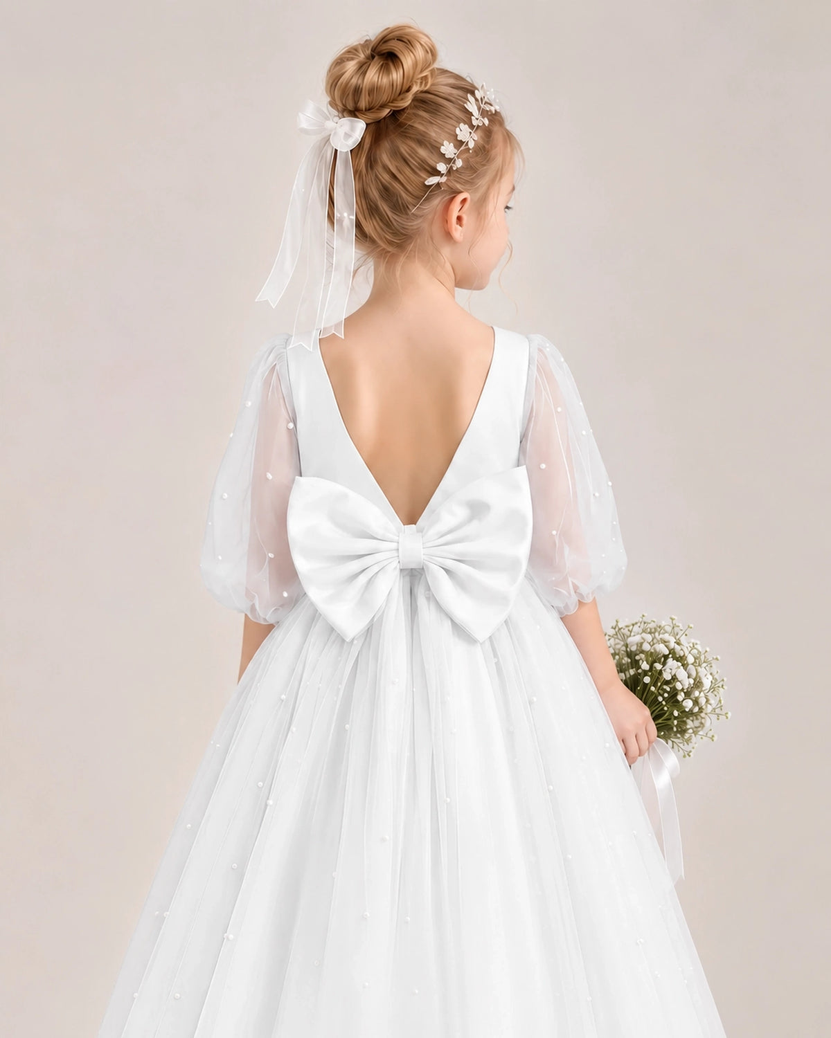 Ivory Satin Tulle Flower Girl Dress Back Detail