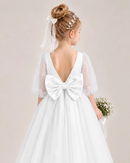 Ivory Satin Tulle Flower Girl Dress Back Detail
