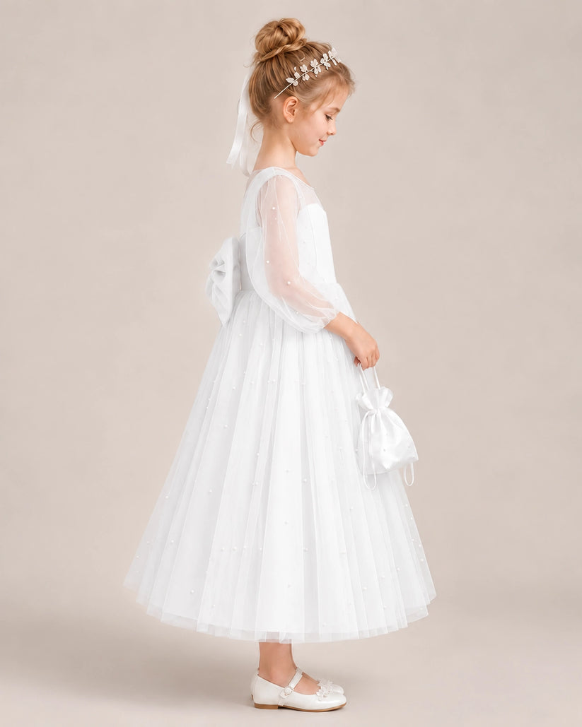 Ivory Satin Tulle Flower Girl Dress Side View