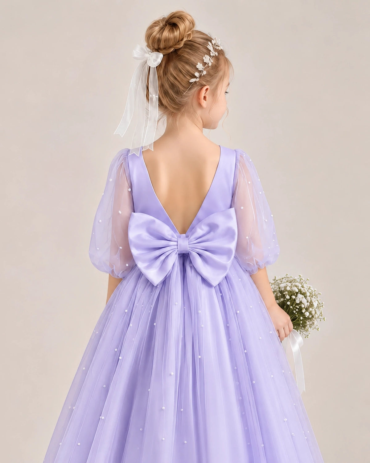 Lavender Satin Tulle Flower Girl Dress Back Detail