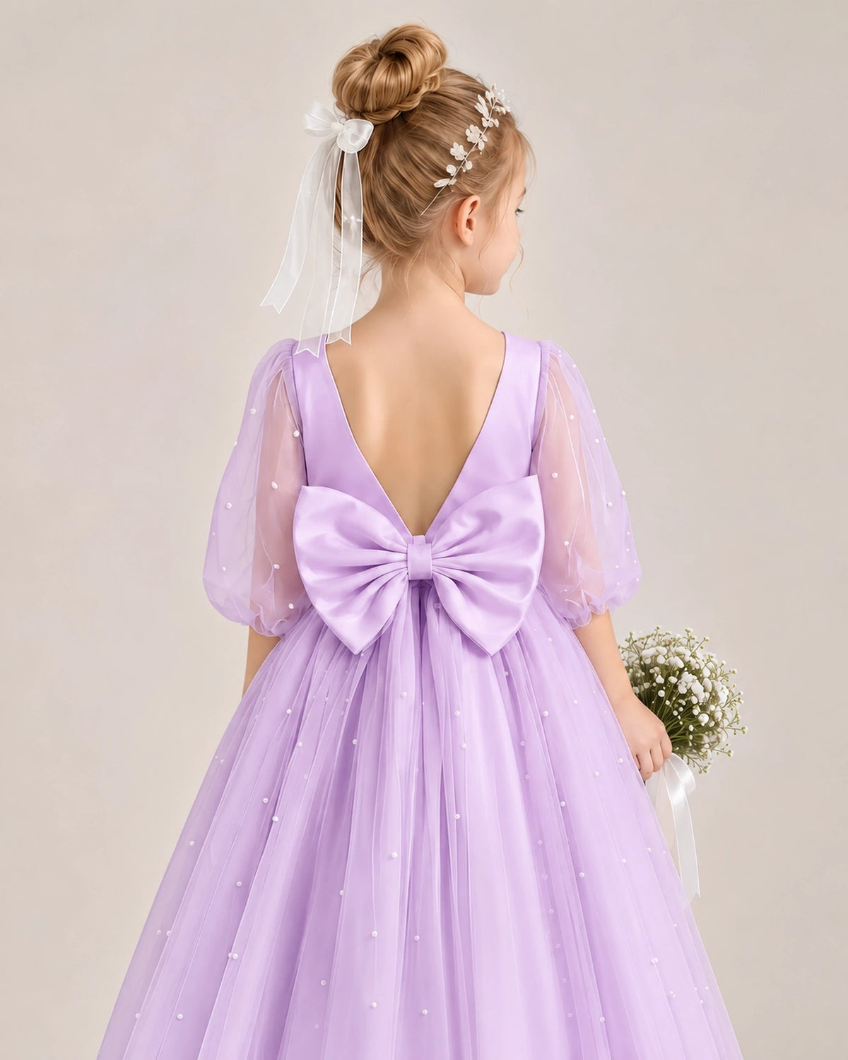 Lilac Satin Tulle Flower Girl Dress Back Detail