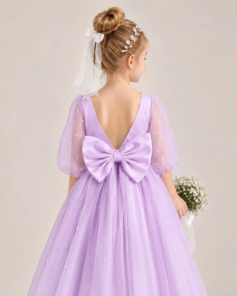 Lilac Satin Tulle Flower Girl Dress Back Detail