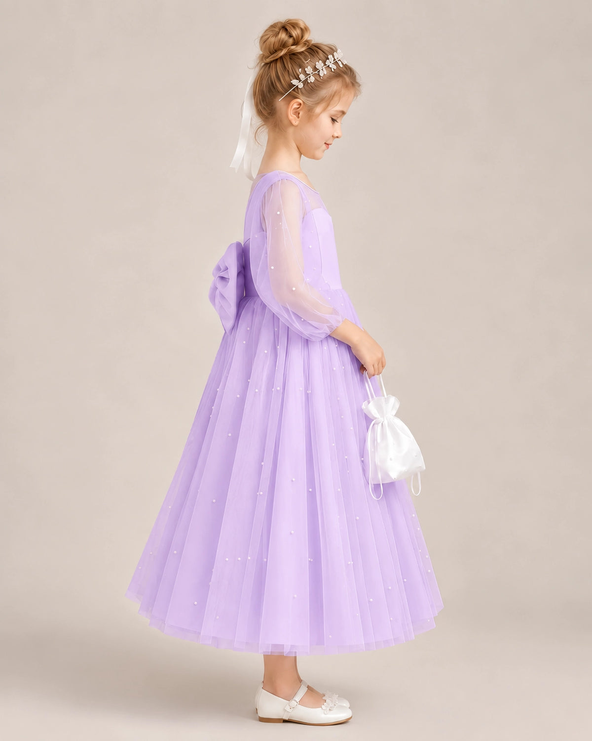 Lilac Satin Tulle Flower Girl Dress Side View