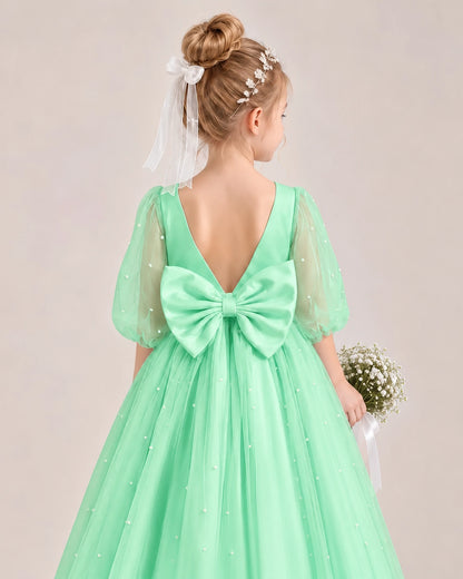 Mint Green Satin Tulle Flower Girl Dress Back Detail