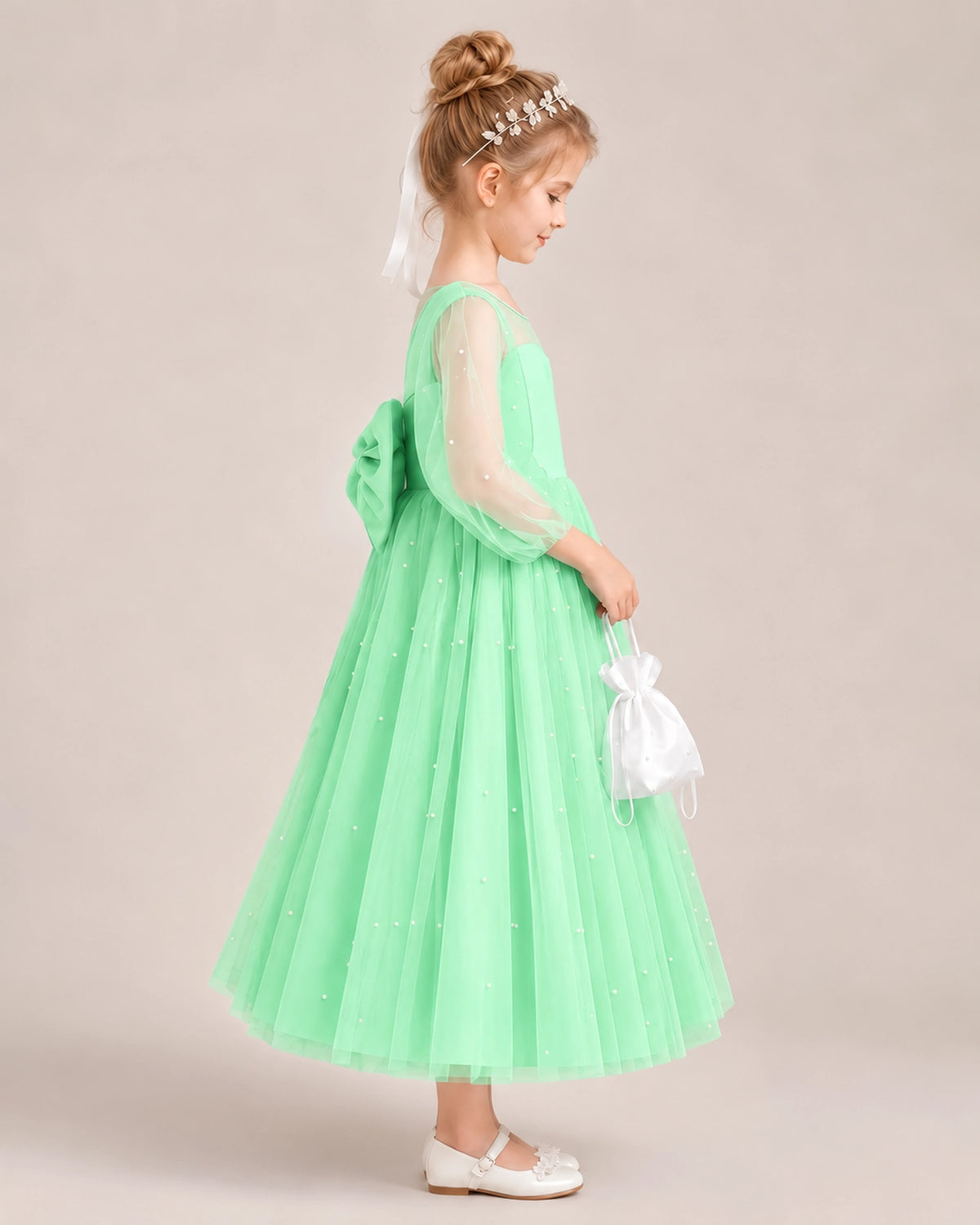 Mint Green Satin Tulle Flower Girl Dress Side View