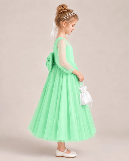Mint Green Satin Tulle Flower Girl Dress Side View