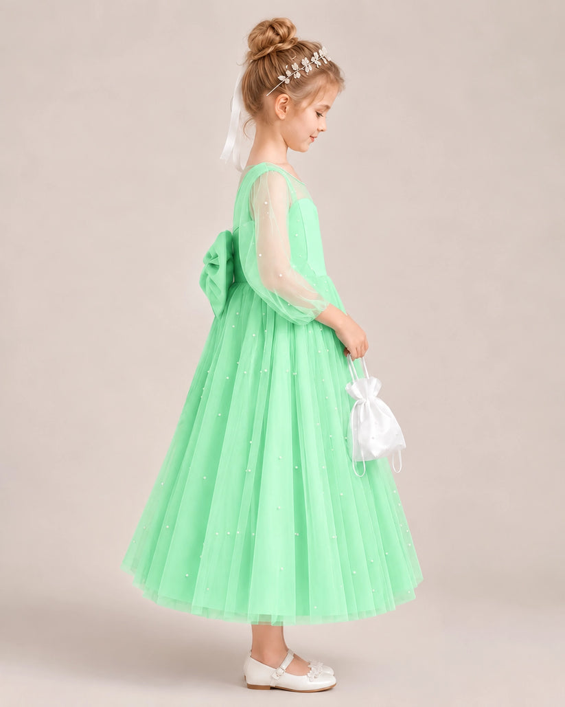 Mint Green Satin Tulle Flower Girl Dress Side View