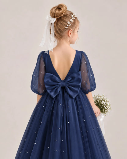 Navy Blue Satin Tulle Flower Girl Dress Back Detail