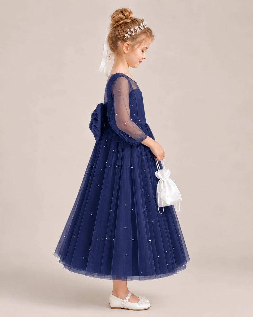 Navy Blue Satin Tulle Flower Girl Dress Side View