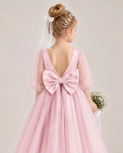 Pink Satin Tulle Flower Girl Dress Back Detail