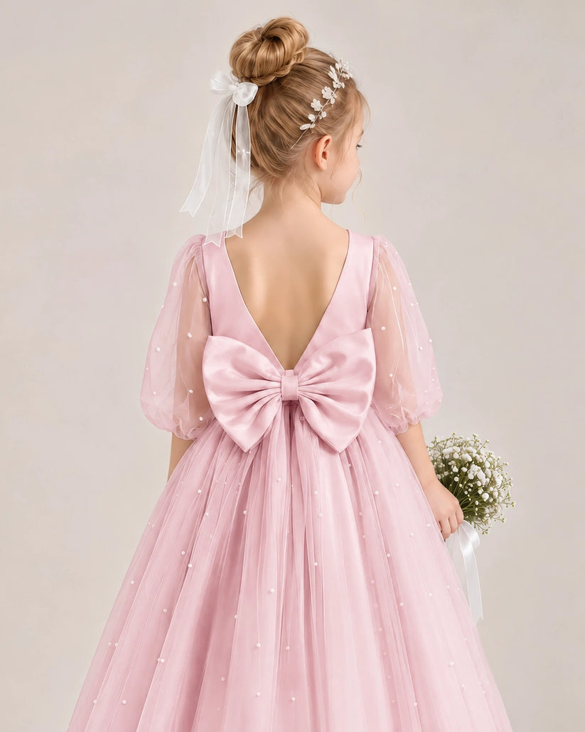 Pink Satin Tulle Flower Girl Dress Back Detail