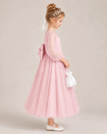 Pink Satin Tulle Flower Girl Dress Side View
