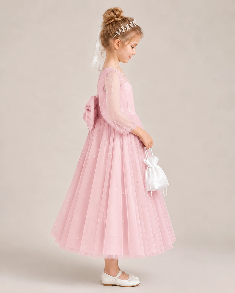 Pink Satin Tulle Flower Girl Dress Side View