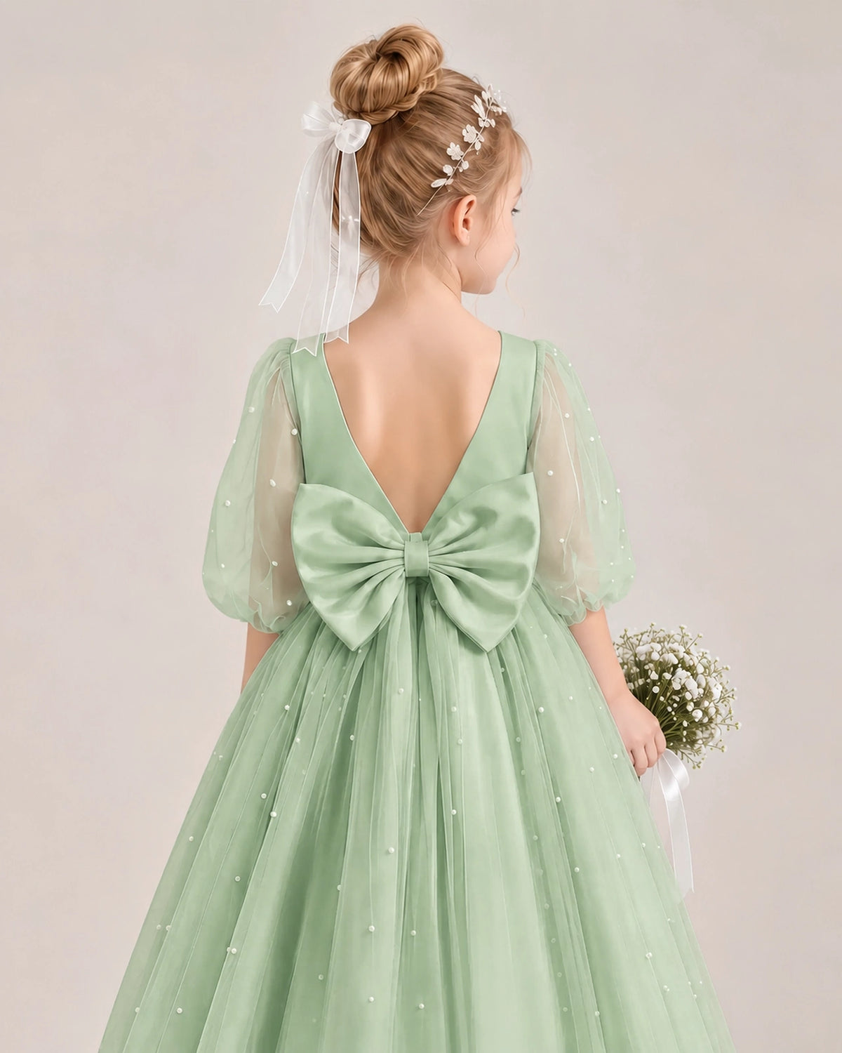 Sage Green Satin Tulle Flower Girl Dress Back Detail