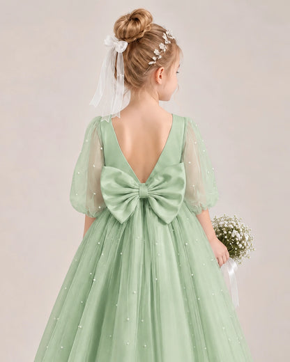 Sage Green Satin Tulle Flower Girl Dress Back Detail