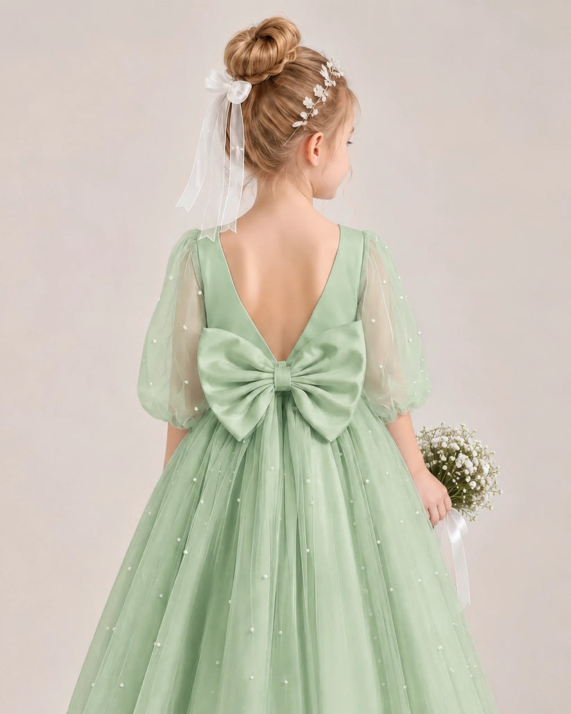 Sage Green Satin Tulle Flower Girl Dress Back Detail