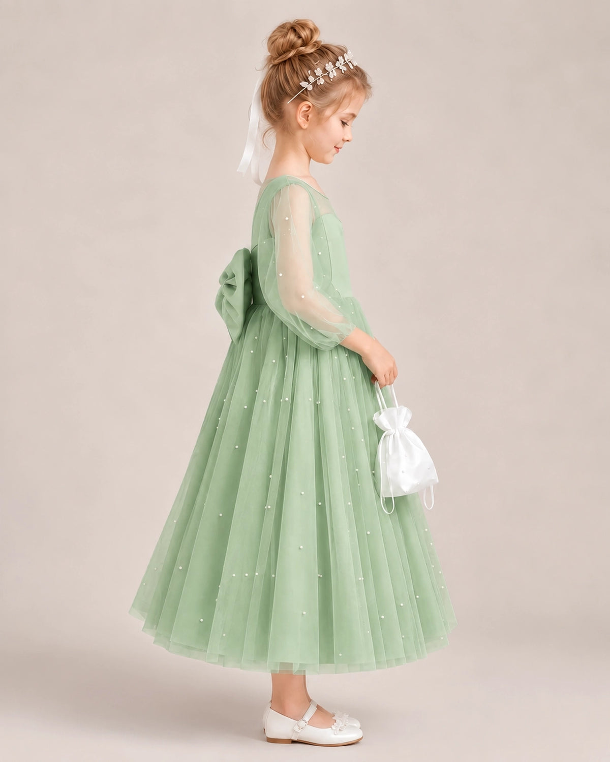 Sage Green Satin Tulle Flower Girl Dress Side View