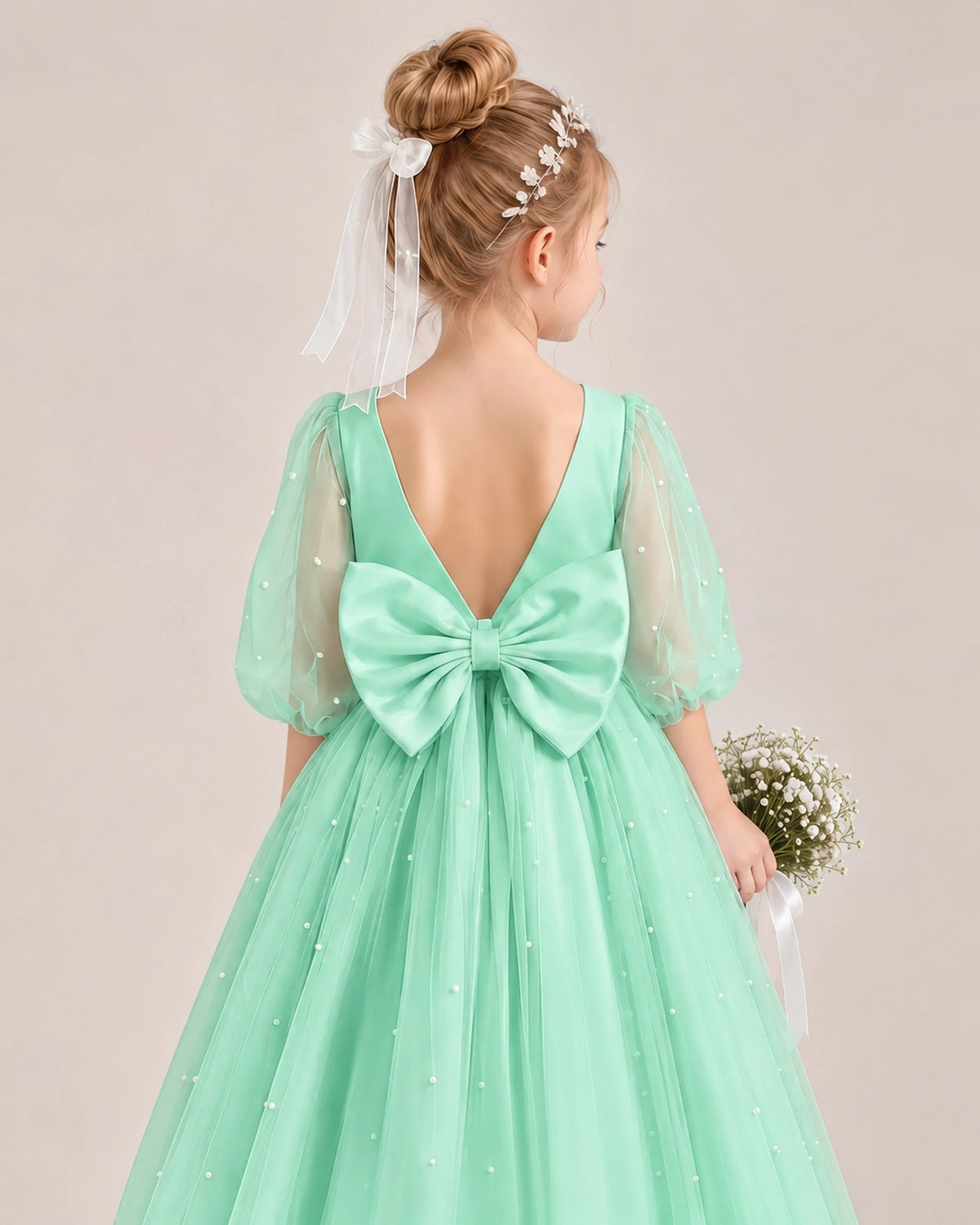 Turquoise Satin Tulle Flower Girl Dress Back Detail