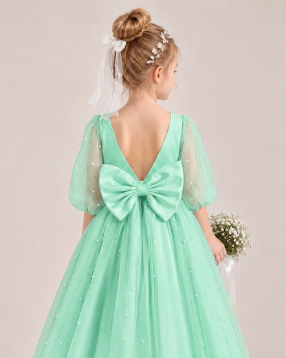 Turquoise Satin Tulle Flower Girl Dress Back Detail