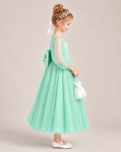 Turquoise Satin Tulle Flower Girl Dress Side View