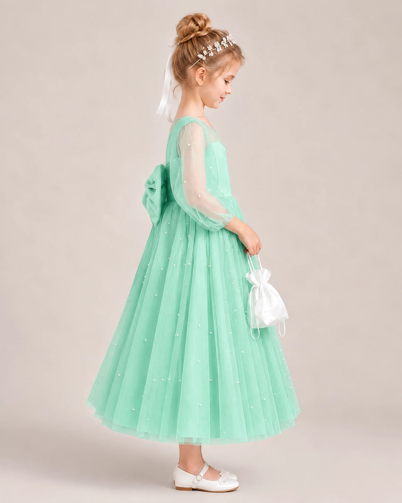 Turquoise Satin Tulle Flower Girl Dress Side View