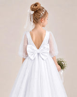 White Satin Tulle Flower Girl Dress Back Detail