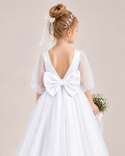 White Satin Tulle Flower Girl Dress Back Detail