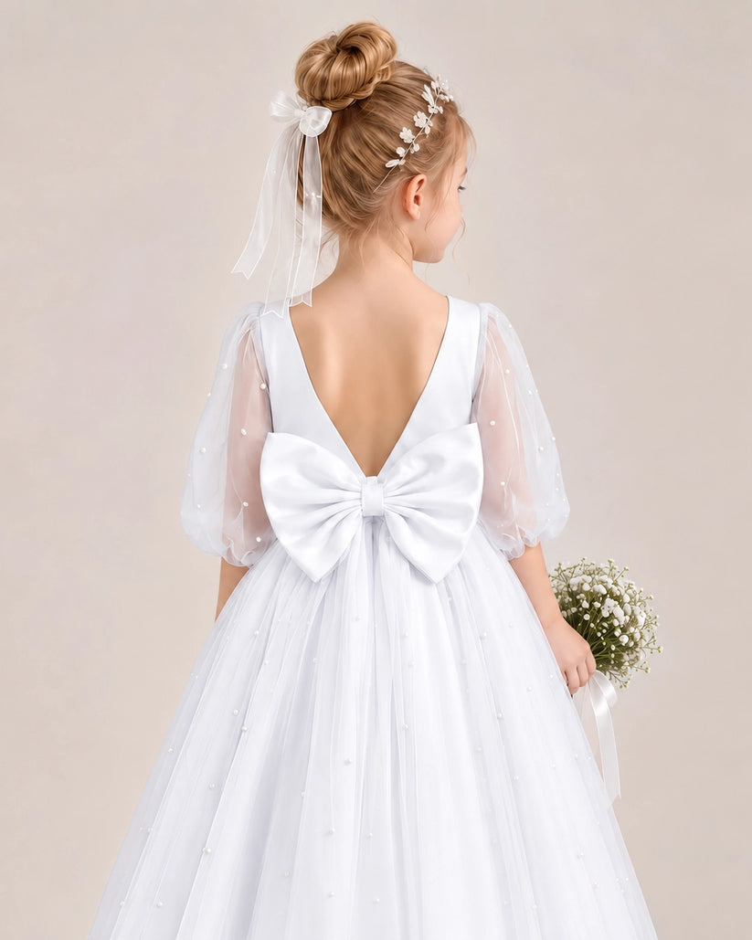 White Satin Tulle Flower Girl Dress Back Detail