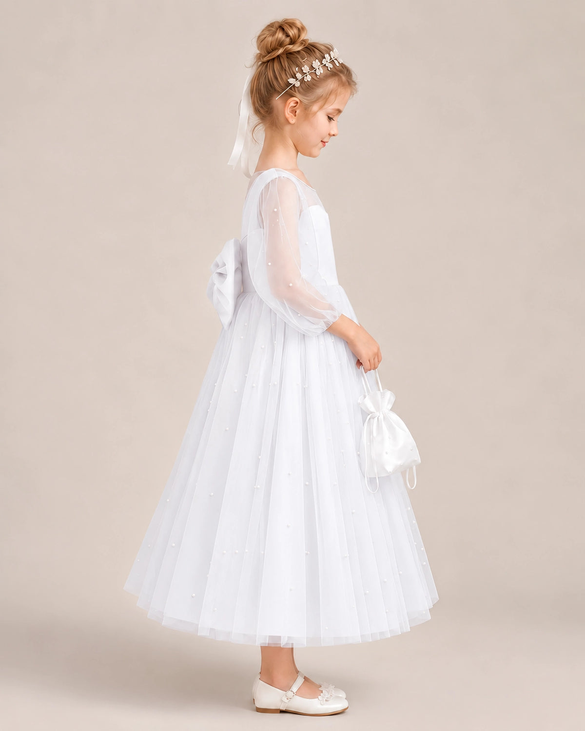 White Satin Tulle Flower Girl Dress Side View