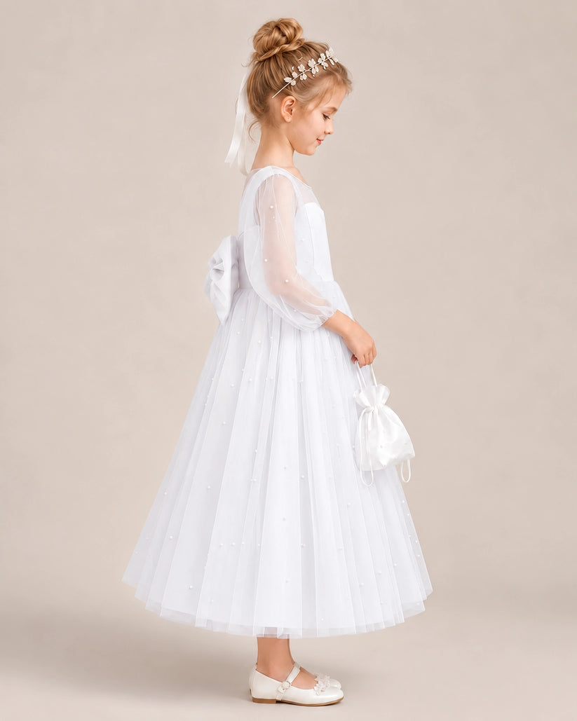 White Satin Tulle Flower Girl Dress Side View