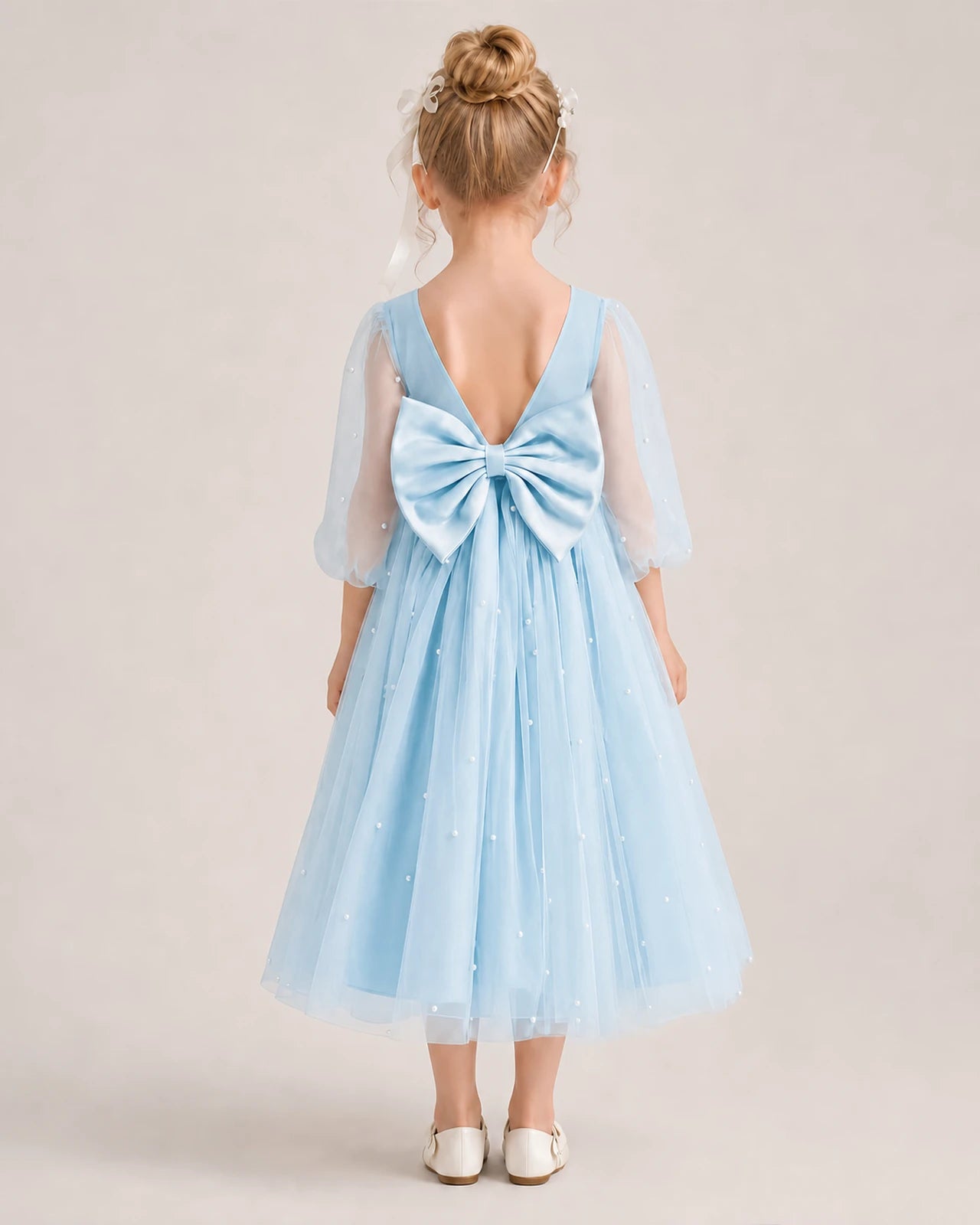 Dideyttawl Puff Sleeve Pearl Satin Tulle Flower Girl Dress