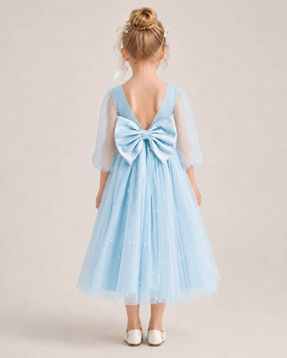 Dideyttawl Puff Sleeve Pearl Satin Tulle Flower Girl Dress