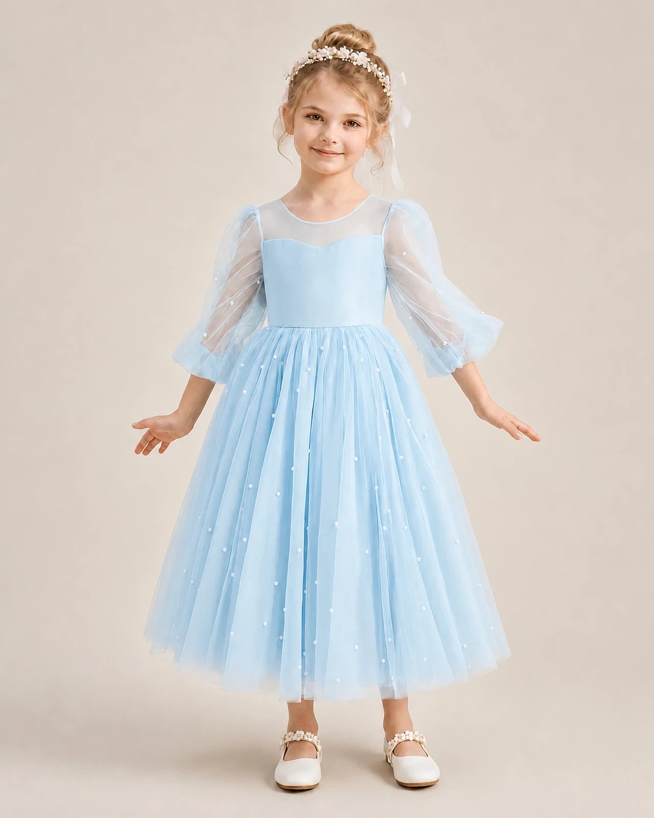 Dideyttawl Puff Sleeve Pearl Satin Tulle Flower Girl Dress